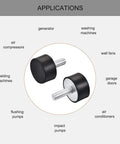 Diagram showing applications for four M8 rubber vibration mounts absorb shock and reduce machine vibration in various machines.