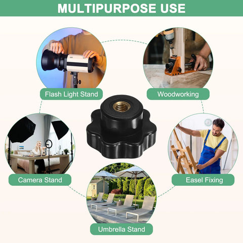 Collage showing applications of Four Pack Seven Star Knobs With M8 Female Thread for stands and clamping in various settings.