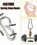 Close-up of 30 Pcs Heavy Duty 3 Inch Spring Snap Hook M8 Five Sixteenth Inch Galvanized Steel Carabiner lifting 500 lbs weight.