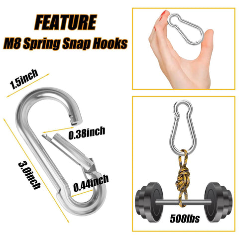 Close-up of 30 Pcs Heavy Duty 3 Inch Spring Snap Hook M8 Five Sixteenth Inch Galvanized Steel Carabiner lifting 500 lbs weight.