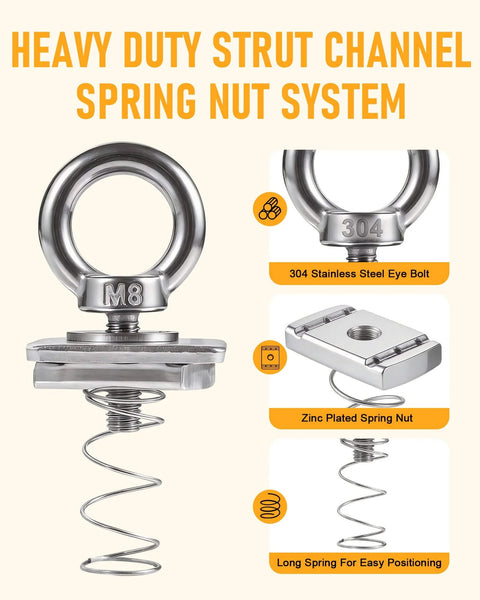Heavy Duty Strut Channel Nut And Eye Bolt Set With Stainless Steel Eye Bolts M8 And M10 Zinc Plated Spring Nuts And Long Spring