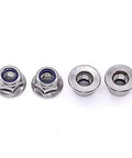 Four M8 X 1.25mm Nylon Insert Flange Hex Lock Nuts, 304 Stainless Steel, Blue Nylon, Bright Finish, Coarse UNC Thread DIN6926 A2-70 on white background