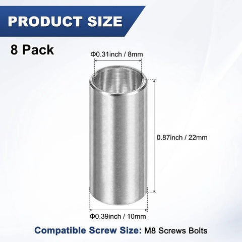8 Pieces M8 304 Stainless Steel Spacers 8mm ID 10mm OD 22mm Length Round Screw Standoff Bushing Plain Finish Ideal For Automotive Applications Equipment Installations And DIY Projects