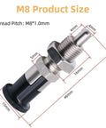 Diagram of Two Pack Stainless Steel Push Fit Ball Nose Spring Plungers with dimensions; M8 thread, 16mm length, 4mm pin diameter.
