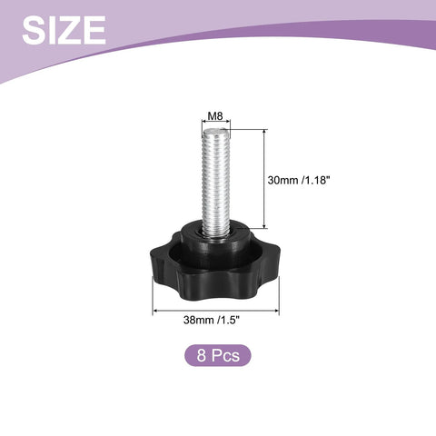 Eight Pieces M8 X 30mm Star Knobs With Plastic Hex Shaped Clamping Design, metal core, size dimensions shown