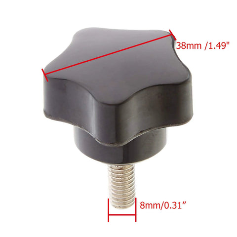 Close-up of 10Pcs M8 X 20mm Star Knob Set, star screw hand knob with black thermoplastic grip and stainless steel bolt for machine tools.