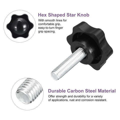 Close-up of Eight Pieces M8 X 30mm Star Knobs with Plastic Hex Shaped Clamping Design for hand tightening and metal core, galvanized finish.