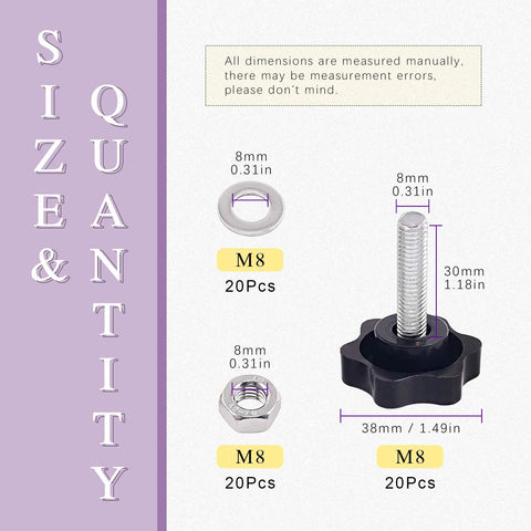 M8 X 30 Hex Shaped Star Knob Clamping Kit With Male Thread Includes 304 Stainless Steel Hex Nuts And Flat Washers size details