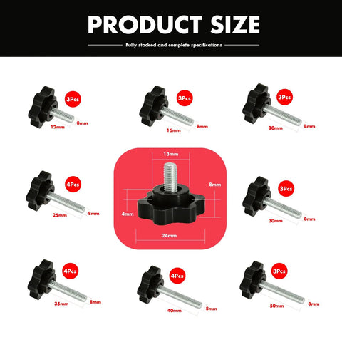 M8 Clamping Screw Knob Set With 27 Thread Star Knobs Plastic Hex Shaped Handles product size chart