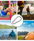 Collage showing Sixty Pack Heavy Duty Galvanized Steel Carabiner Clips M8 for camping, hiking, outdoor swing; middle shows carabiner close-up