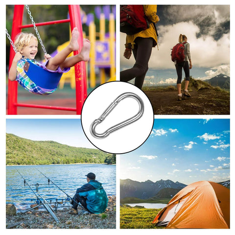 Collage showing Sixty Pack Heavy Duty Galvanized Steel Carabiner Clips M8 for camping, hiking, outdoor swing; middle shows carabiner close-up
