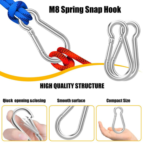 30 Pcs Heavy Duty 3 Inch Spring Snap Hook M8 Five Sixteenth Inch Galvanized Steel Carabiner with ropes and hand holding clip