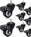 Set Of 8 M8 Caster Wheels 2 Inch Swivel Threaded Stem With Dual Brake Heavy Duty 360 Degree Polyurethane Noise Free Locking For Cart Desk Furniture 400 Lb Capacity Ideal For Cabinets And Mobile Work Tables displayed in a set with side view