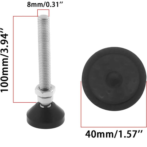 Four heavy duty screw on leveling feet with M8 threads provide precise height adjustment, anti skid rubber swivel base, nylon metal base