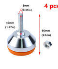 Adjustable M8 thread leg leveler with 2 inch leveling screw and carbon steel base, shown with dimensions and rubber pad.