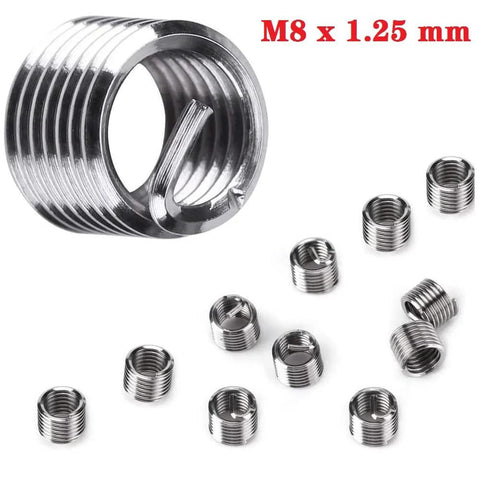 30 Piece M8 x 1.25mm Stainless Steel Thread Repair Kit With 25 Inserts for auto repair, showing multiple helicoil inserts close-up.