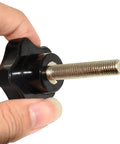 Hand holding M8 Threaded Hand Knob 50mm Long 38mm Diameter with metal insert, showing threaded shank and black star-shaped head