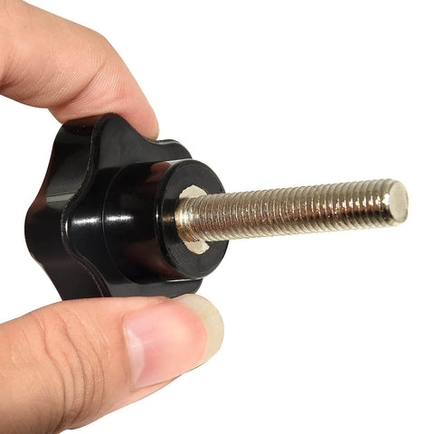 Hand holding M8 Threaded Hand Knob 50mm Long 38mm Diameter with metal insert, showing threaded shank and black star-shaped head