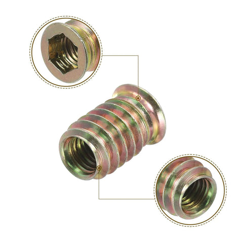 Close-up of M8x20mm threaded insert nuts showing internal hex socket drive for M8x50mm Hanger Bolts, 8pcs 31mm Wood Dowel Screw Self-Tapping Screw.