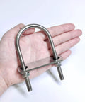 Set of 8 M8 U Bolts in 304 Stainless Steel With Nuts Washers and Bolt Plate 50mm Wide by 100mm Long Corrosion Resistant Mounting Hardware for Pipe Bar and Tube displayed on a hand