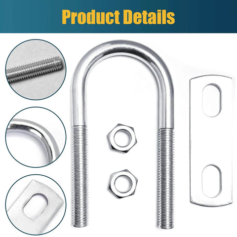 Two Sets M8 U Bolts With Washers And Nuts Two Inch Wide Heavy Duty Galvanized Carbon Steel Round U Bolts For Trailers Boats Ski Boats And Fishing Boats Replacement Parts And Accessories with close-up of bolts, nuts, and frame plate.