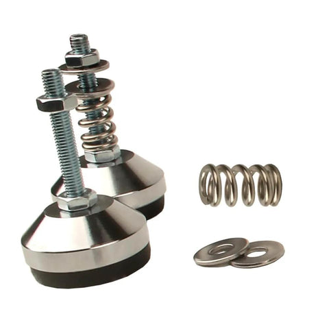 Heavy duty vibration isolator mounts with adjustable M8 leveling feet provide stable, noise reducing support for air conditioners and workbenches, 1.97 inch base, 1300 lb capacity per leg, four pack shown with springs and washers