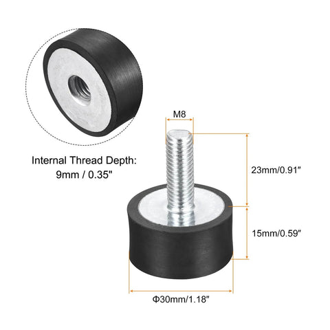 Close-up of Rubber Mounts 8 Pieces M8 Male Female Vibration Isolator Shock Absorber, D30mm x H15mm, zinc plated, with thread depth details.