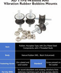 Efficient M8 vibration isolation mounts with rubber waisted design and lock nuts, shown with steel components and threaded studs