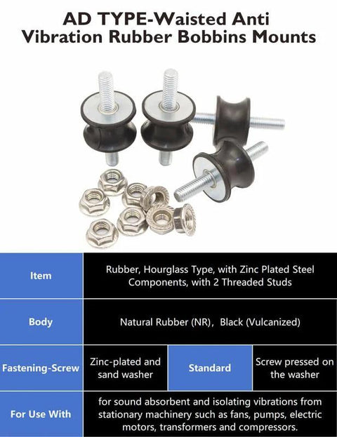 Efficient M8 vibration isolation mounts with rubber waisted design and lock nuts, shown with steel components and threaded studs
