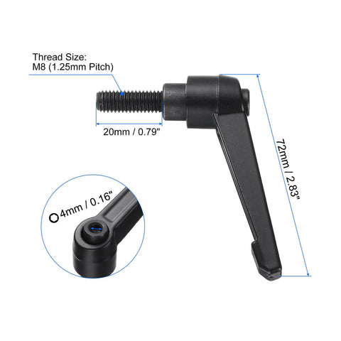 4 Pack M8 X 20mm Clamping Lever Handles With Quick Release Locking Black Oxide Carbon Steel, showing dimensions and thread size