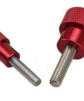 Two M8 x 25mm Red Aluminum Knurled Head Stainless Steel Thumb Screws on white background, showing knurled grip and stainless shaft.