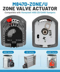 Front and back view of M847D Zone Valve Actuator, Replacement Motor for ARD ＆ ZD Zone Dampers, featuring Honeywell compatibility.