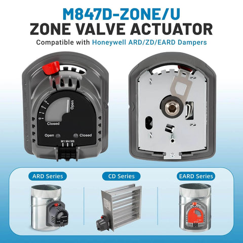 Front and back view of M847D Zone Valve Actuator, Replacement Motor for ARD ＆ ZD Zone Dampers, featuring Honeywell compatibility.