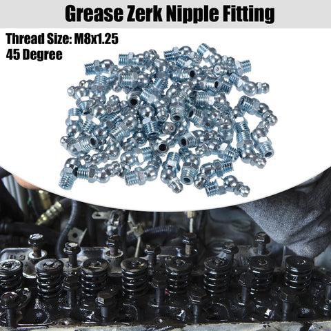 M8x1 25 Grease Nipple Fittings 45 Degree Bend Galvanized Steel Zerk Adapters for automotive lubrication, 50-pack pile