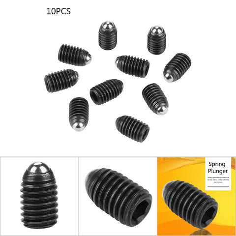 10pcs M8 (M8x12) Screw Thread Hex Socket Carbon Stainless Steel Ball Drive Spring Plungers Set Push Fit, front and close-up views.