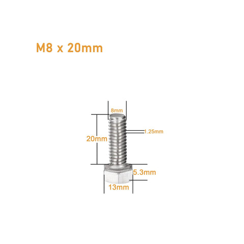 M8 20mm Hex Bolts and Nuts Kit 304 Stainless Steel 10 Pack With Flat Washers and Spring Lock Washers, bolt dimensions shown