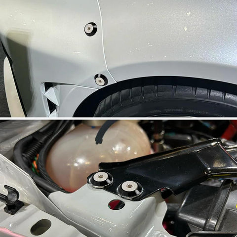 Close-up of installed 24-Piece M8x24mm Anodized Aluminum Tapered Washer Kit for Exterior Dress Up on vehicle body and engine bay.