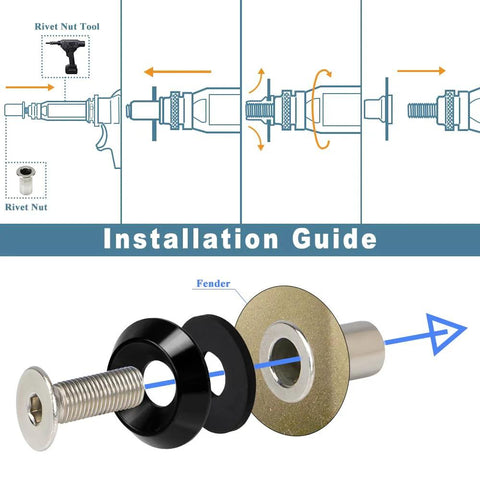 Installation guide for 24-Piece M8x24mm Anodized Aluminum Tapered Washer Kit for Exterior Dress Up, showing washer and bolt assembly.
