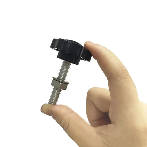 Close-up of Five Piece M8x40mm Star Hand Knob Replacement Set with plastic head and galvanized steel thread for machine tools and umbrellas.