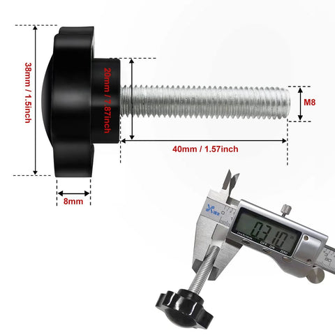 Side view of Five Piece M8x40mm Star Hand Knob Replacement Set showing dimensions with plastic head and galvanized steel thread