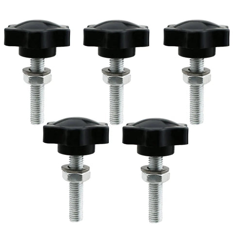 Five Piece M8x40mm Star Hand Knob Replacement Set for machine tools and umbrella bases, plastic head, galvanized steel thread.
