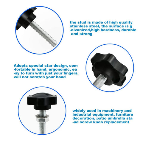 Five Piece M8x40mm Star Hand Knob Replacement Set with plastic head and galvanized steel thread, ideal for machine tools and umbrella bases.