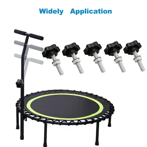 Five Piece M8x40mm Star Hand Knob Replacement Set for machine tools and umbrella bases shown with trampoline application.