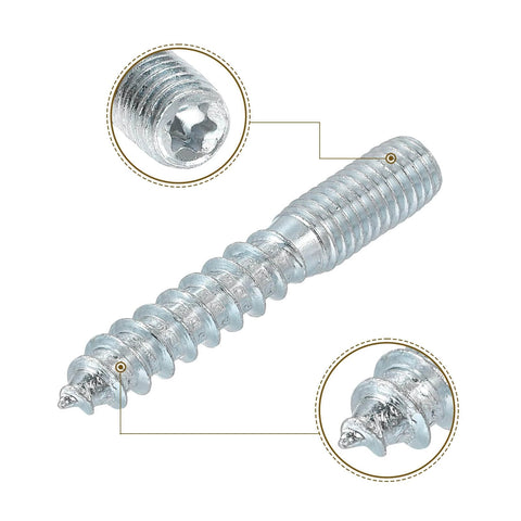 Close-up of M8x50mm hanger bolt showing wood screw and machine screw threads for joint furniture legs.