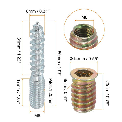 M8x50mm Hanger Bolts, 8pcs 31mm Wood Dowel Screw Self-Tapping Screw with 8pcs M8x20mm Threaded Insert Nuts Interface Hex Socket Drive
