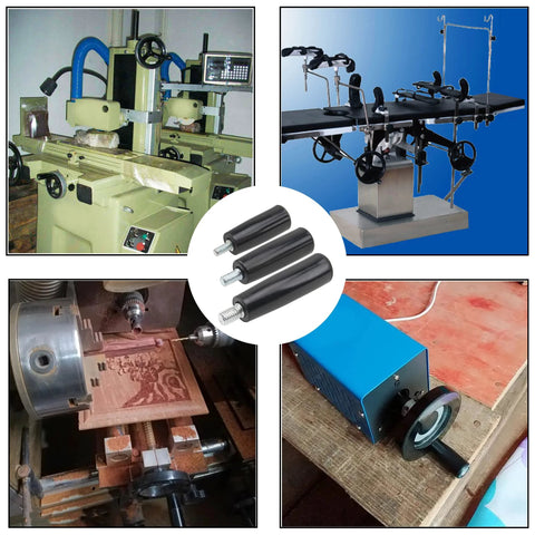Two Pack Revolving Handwheel Machine Handles For Milling Machines Drill Presses Cranks And Lathes With M8x63 Threads pictured in use on various machines.
