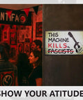 This Machine Kills Fascists Sticker Magnetic Vinyl Bumper Decal For Car Fridge Window And Metal Surfaces 8 By 4.8 Inches Weatherproof Outdoor Durable Car Magnet displayed on a wall.