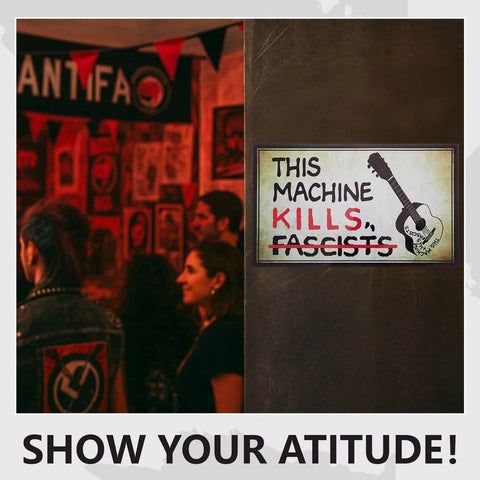 This Machine Kills Fascists Sticker Magnetic Vinyl Bumper Decal For Car Fridge Window And Metal Surfaces 8 By 4.8 Inches Weatherproof Outdoor Durable Car Magnet displayed on a wall.