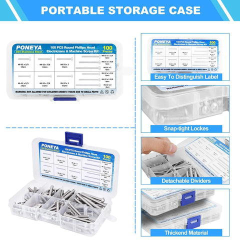 Machine Screws 100 Piece Phillips Pan Head Electricians Kit Size 6 32 And 8 32 Stainless 304 in storage case with labels and dividers