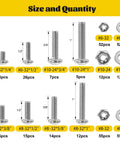 Image showing sizes and quantities of 358 Pcs Machine Screws and Nuts Assortment Kit with #6-32 #8-32 #10-24 Phillips Pan Head Bolts.